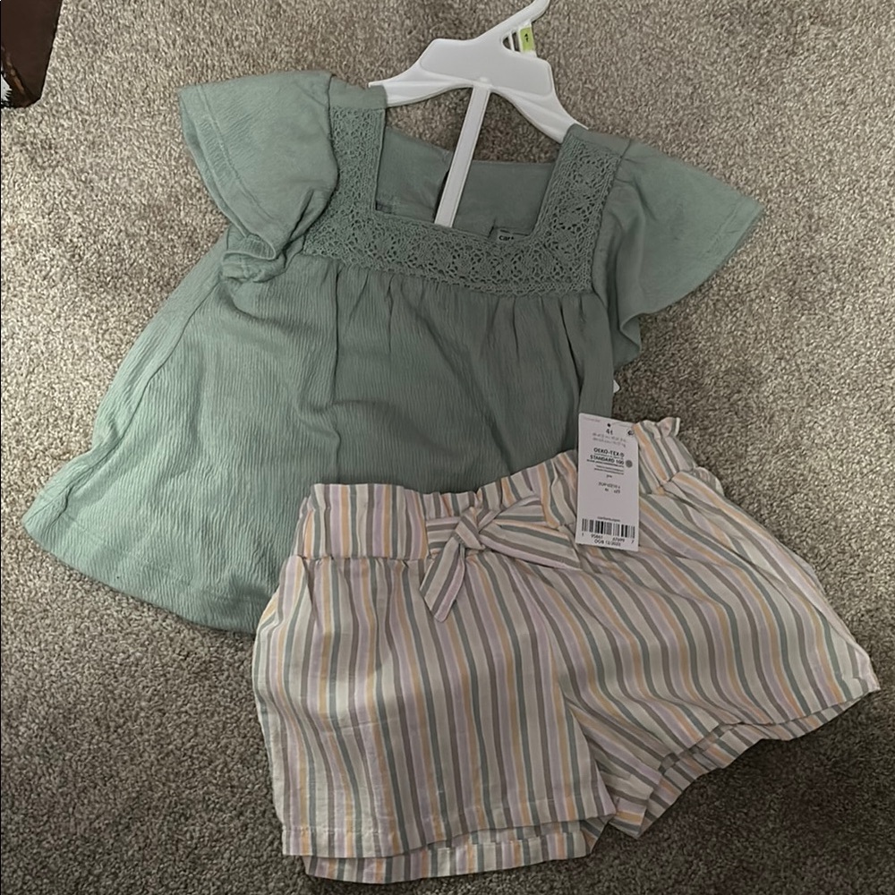 Carter's Green Top and Striped Shorts Set